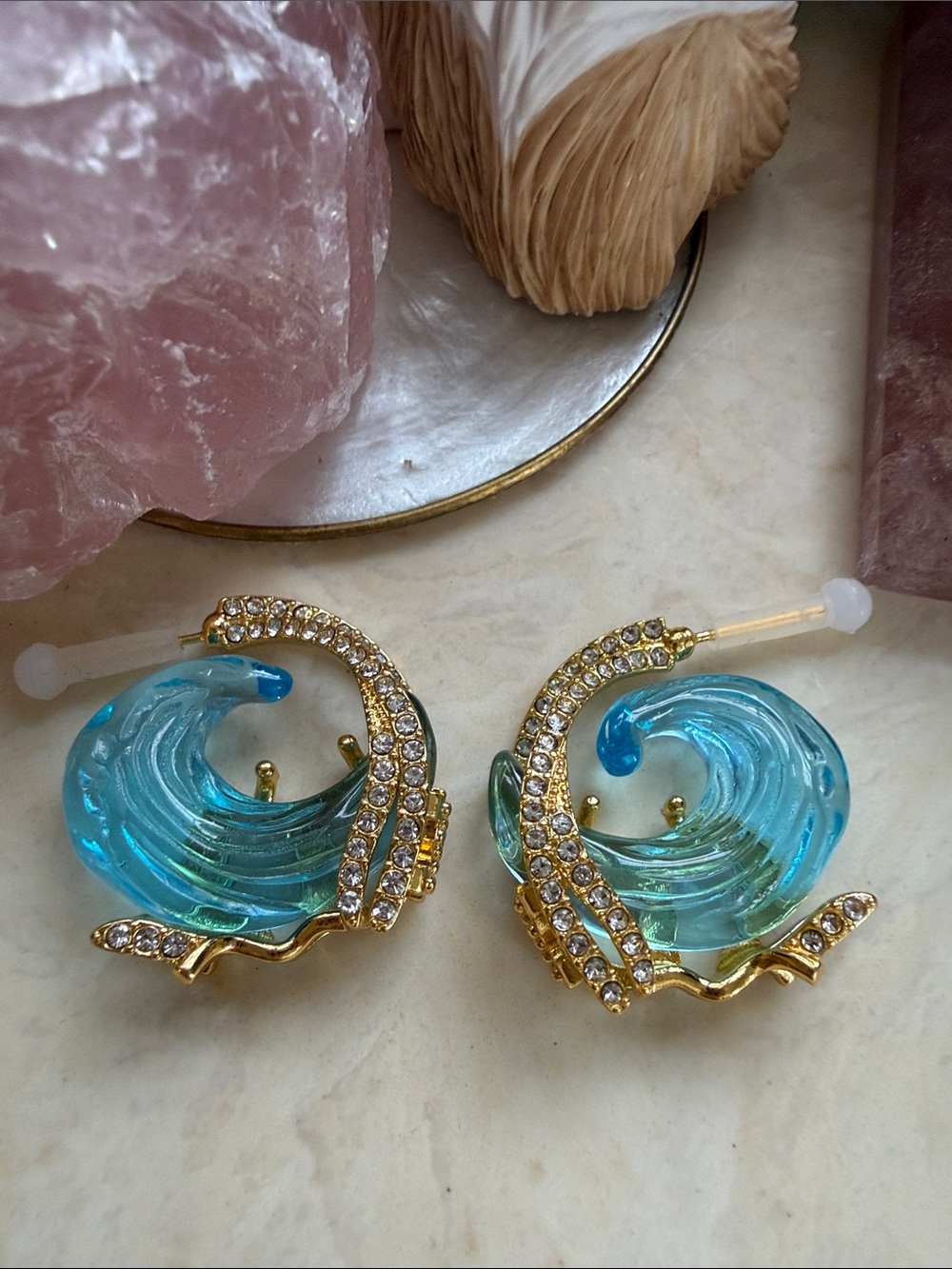 Ocean's Oath Ocean Vow Gold-Tone Blue Wave Crystal Ocean Hoop Earrings